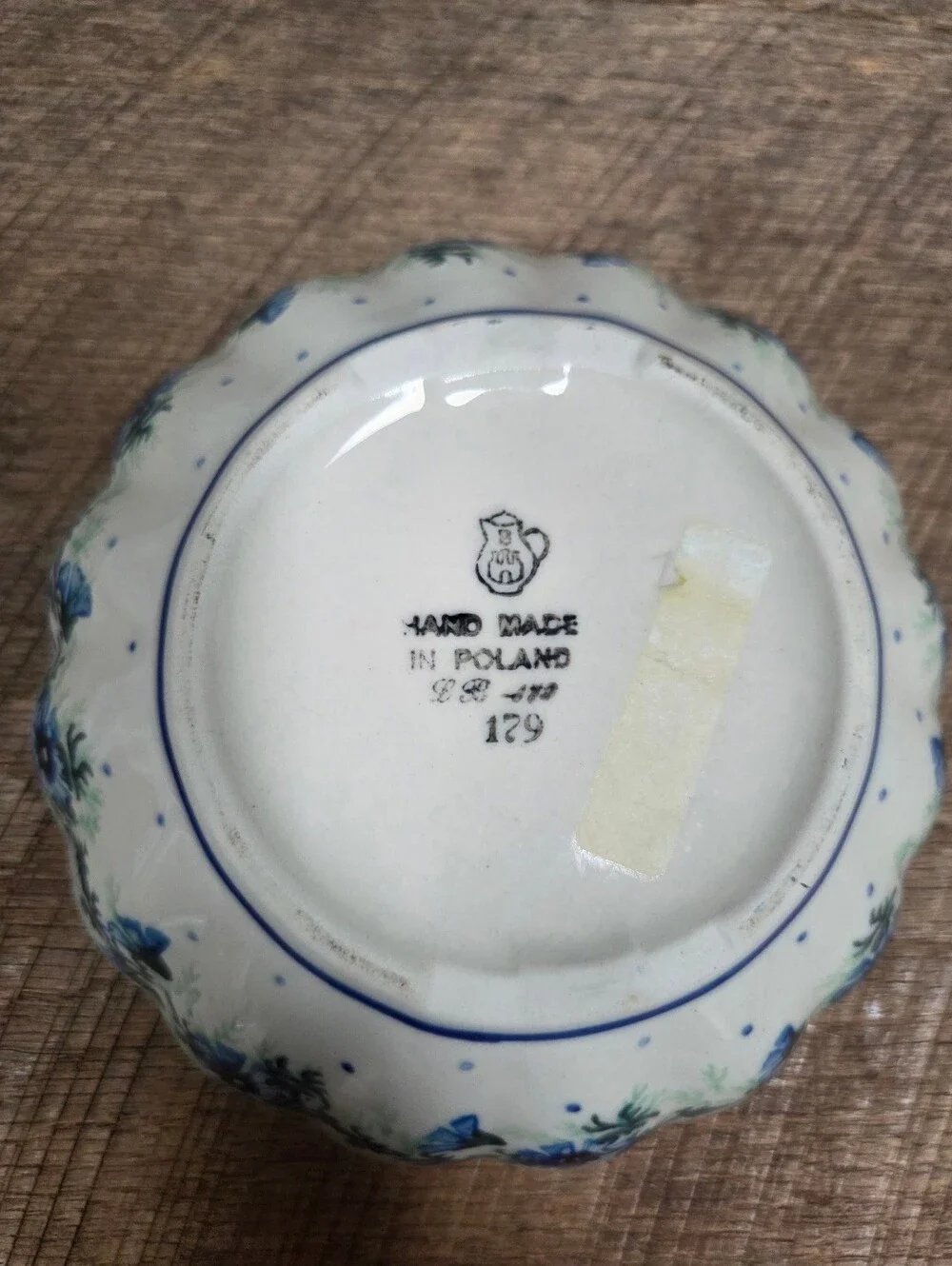 Vintage Floral Scalloped Ceramic Bowl in Blue & Cream Handmade In Poland Bin PP
